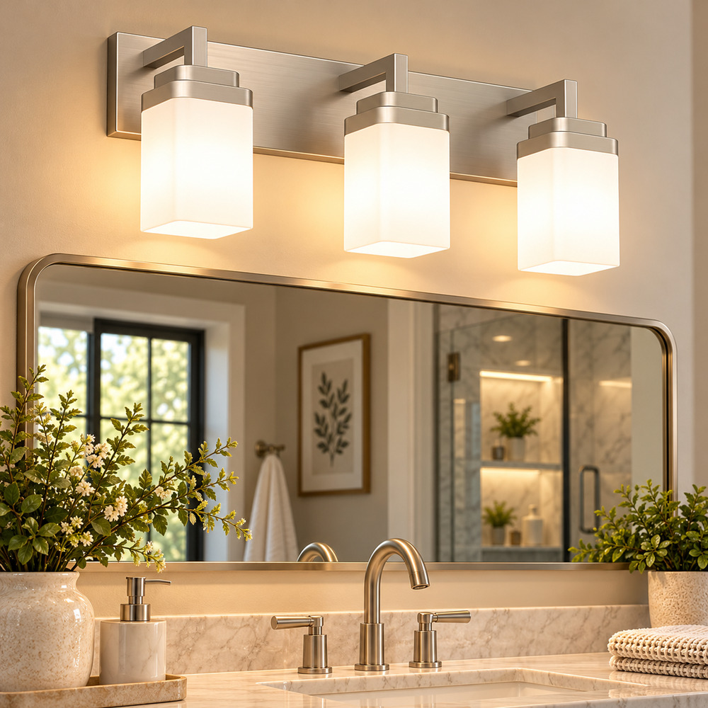 3-Light Brushed Nickel Bathroom Vanity Light – 22" White Glass Shades